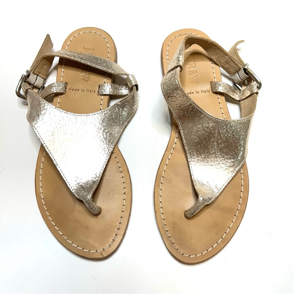 J. Crew Astria Metallic Crackle Leather Pewter Gold Slingback Thong Sandals 5